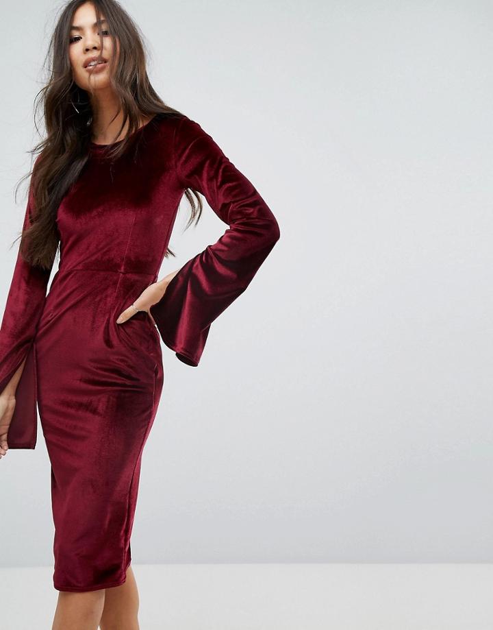 Outrageous Fortune Velvet Midi Pencil Dress With Split Sleeve Detail - Red