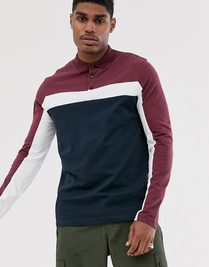 Asos Design Long Sleeve Polo Shirt With Contrast Panels In Navy
