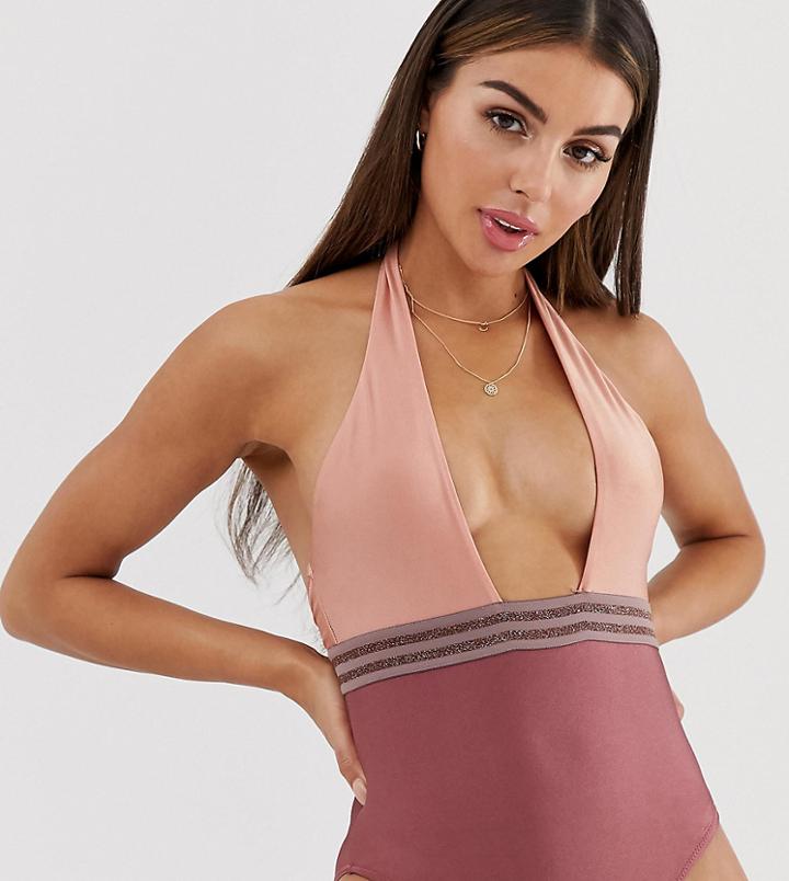 Miss Selfridge Exclusive Halter Neck Swimsuit With Taping In Pink