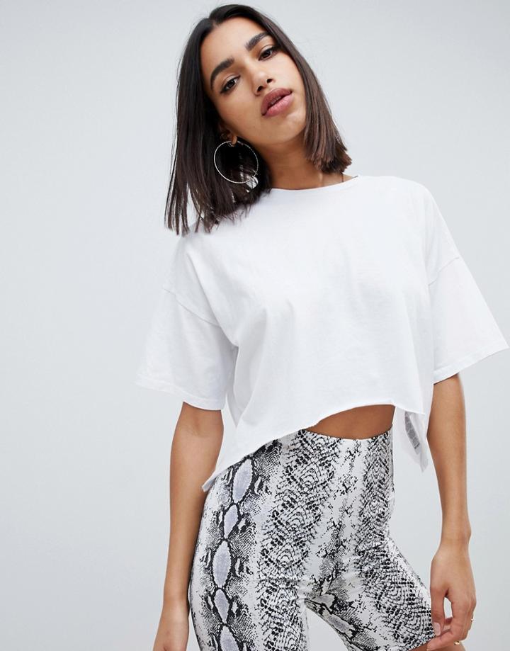 Asos Design Crop Oversized T-shirt With Curved Hem - White