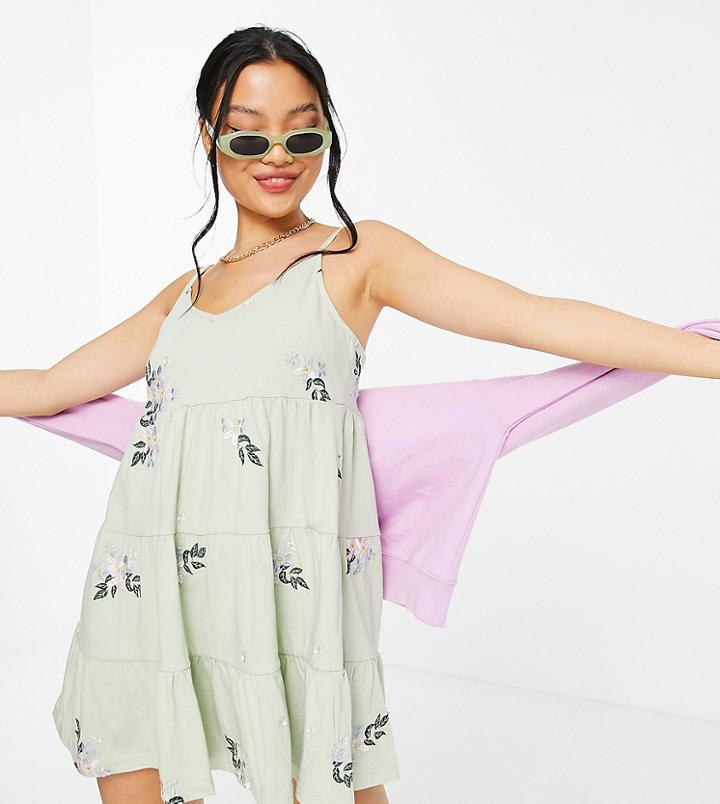 Asos Design Petite Mini Strappy Tiered Sundress In Sage With Floral Embroidery-green