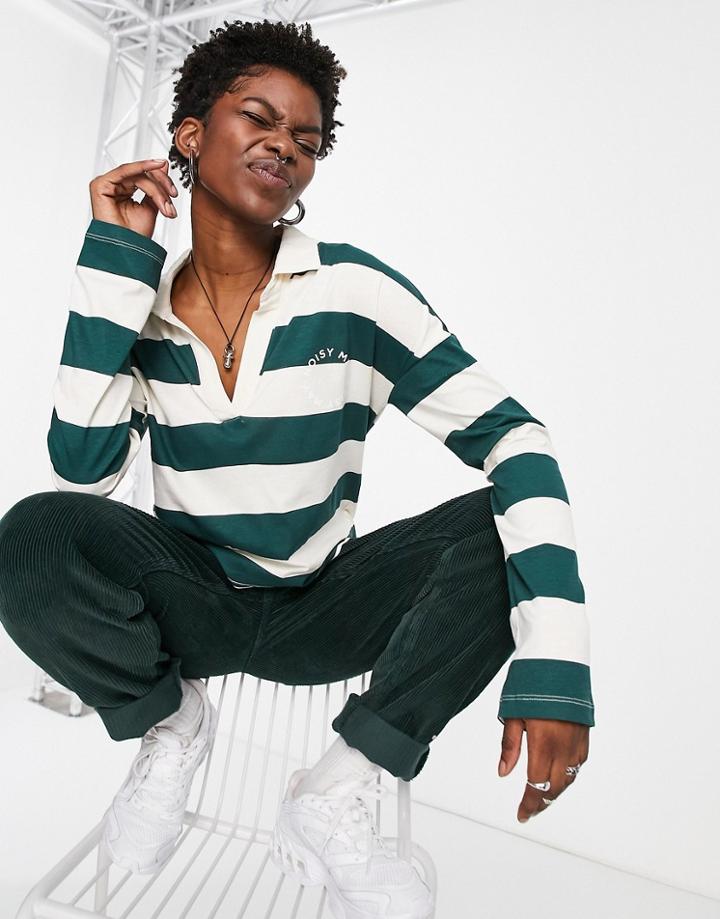 Noisy May Oversized Rugby Shirt In Green & Cream Stripe-multi