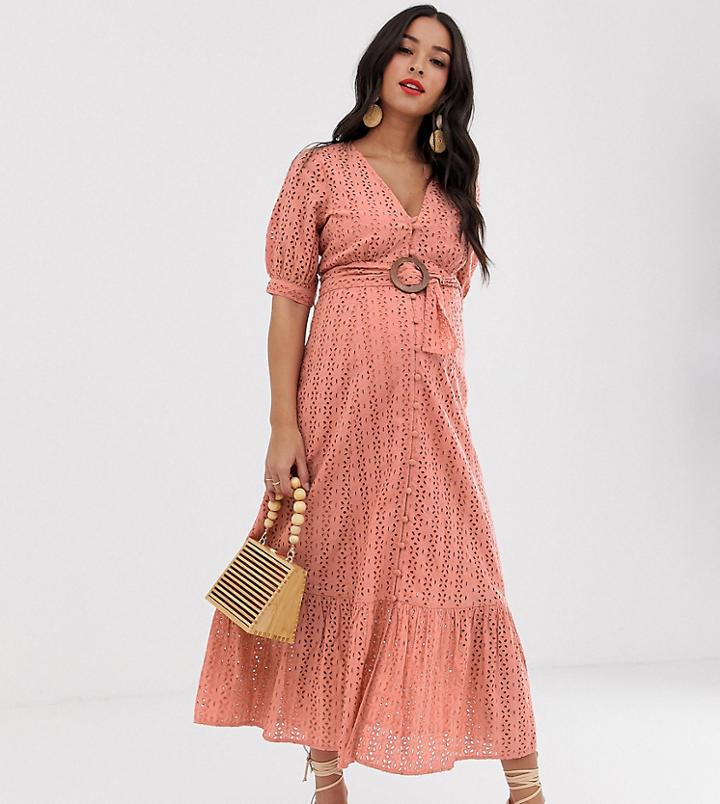 Asos Design Maternity Broderie Pephem Maxi Dress With Wooden Belt-pink