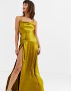 Asos Design Maxi Dress With Thigh Split And Cowl Neck In Satin-green