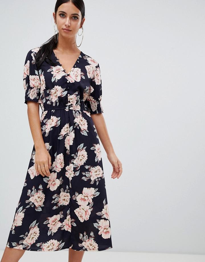 Boohoo Button Down Midi Dress In Floral Print - Multi