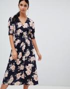Boohoo Button Down Midi Dress In Floral Print - Multi