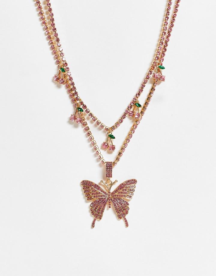 Madein Chunky Necklace In Gold With Pink Cherry Details And An Oversized Butterfly