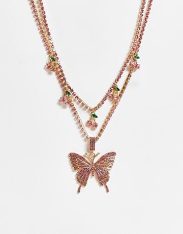 Madein Chunky Necklace In Gold With Pink Cherry Details And An Oversized Butterfly
