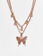 Madein Chunky Necklace In Gold With Pink Cherry Details And An Oversized Butterfly
