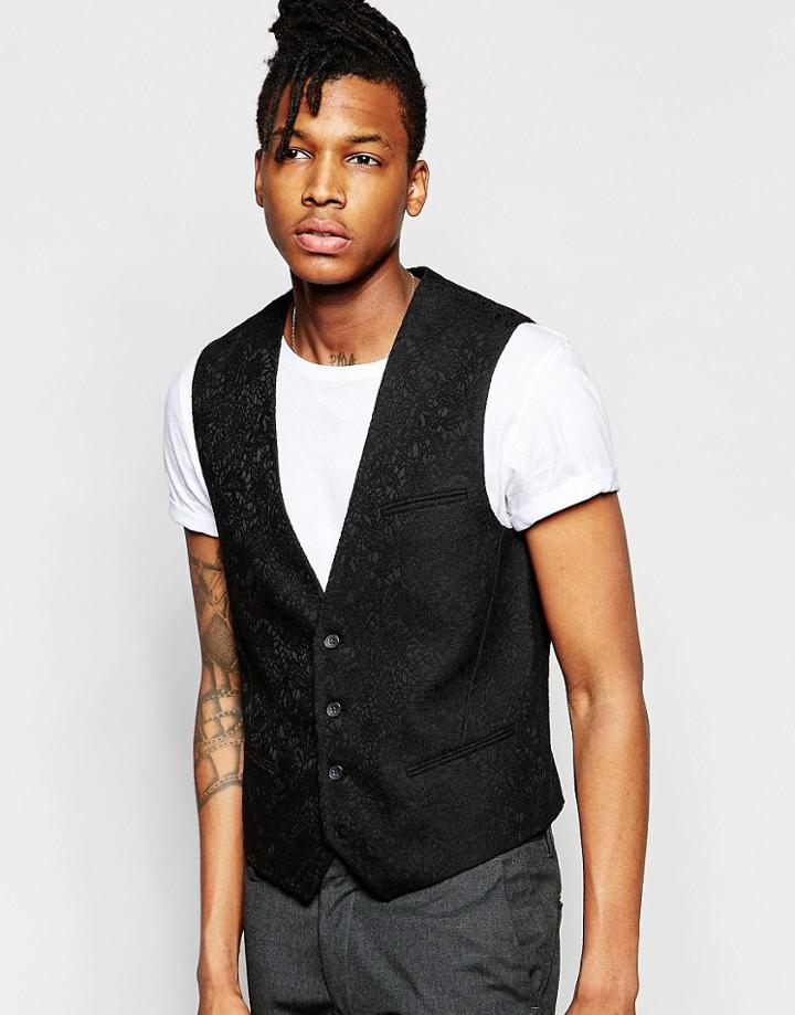 Vito Suit Vest With Tonal Floral Jacquard In Slim Fit - Black