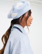 Asos Design Crochet Beret With Cloud Embroidery In Blue-brown