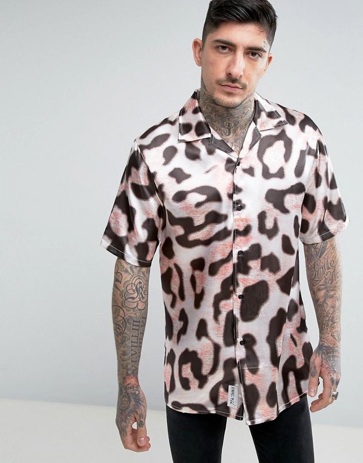 Roadies Of 66 Printed Satin Revere Collar Shirt In Animal - Black