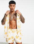 Asos Design Revere Daisy Print Shirt In Ecru - Part Of A Set-neutral