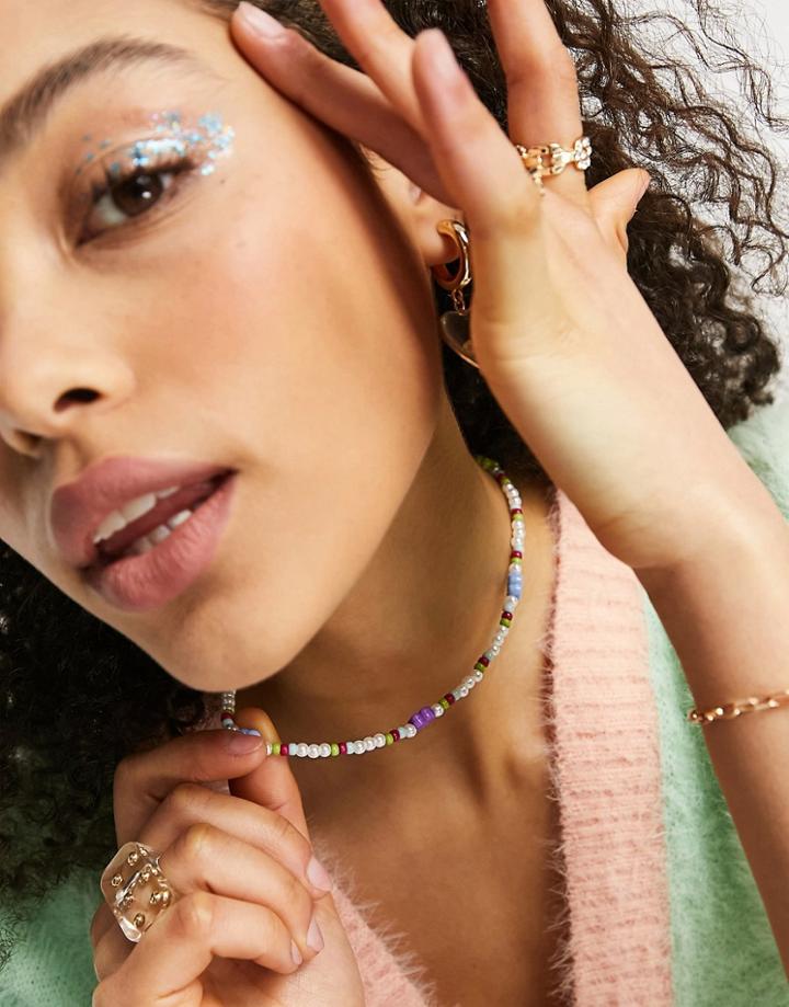 Asos Design Beaded Necklace With Daisies And Pearl-multi