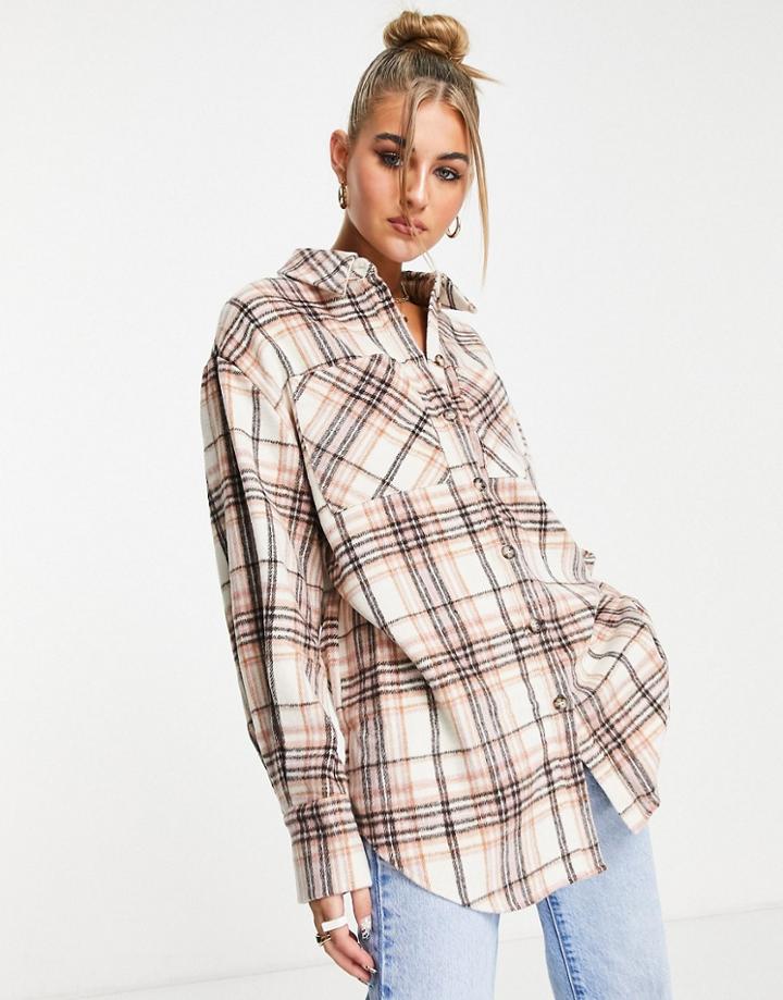 Topshop Brushed Check Oversized Shirt In Pink - Part Of A Set
