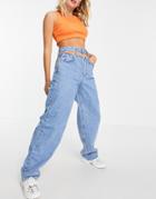 Pull & Bear Cut Out Mom Jeans In Blue-blues
