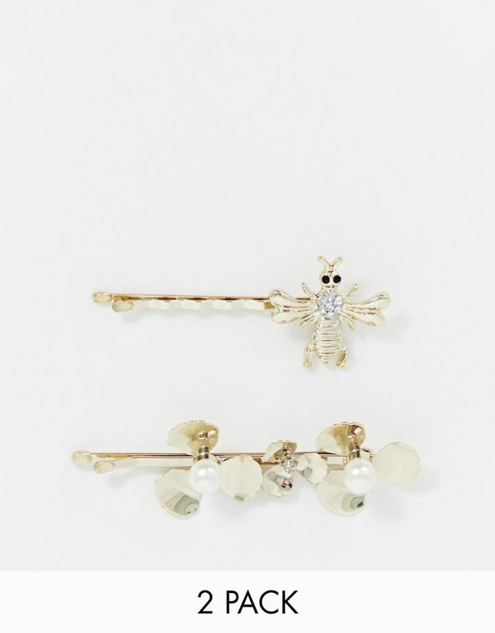 Asos Design Pack Of 2 Hair Clips In Floral And Bug Design In Gold - Gold