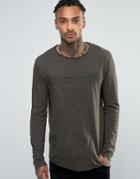 Asos Longline Long Sleeve T-shirt With Tape Detail And Curved Hem - Gr