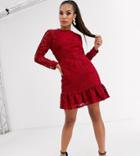 Asos Design Petite Premium Laser Cut Velvet Mini Dress With Pephem-red