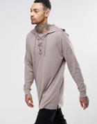 Asos Oversized Longline Long Sleeve T-shirt With Lace Up Hood - Beige