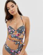 Asos Design Wrap Brazilian Bikini Bottom In Textured Floral Gingham Print - Multi