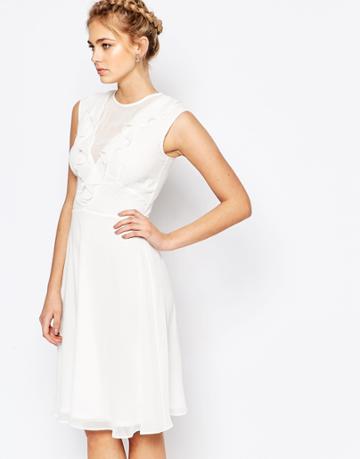 Elise Ryan Plunge Front Midi Skater Dress With Frill - White