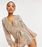 Parisian Petite Sequin Tie Waist Romper In Gold