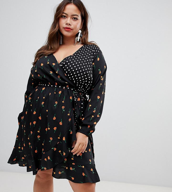 New Look Curve Wrap Dress In Mix And Match Print - Black