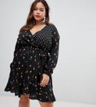 New Look Curve Wrap Dress In Mix And Match Print - Black