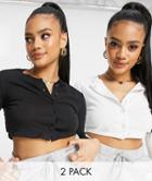 Missguided 2-pack Long Sleeve Crop Tops With Button Front Detail In Black And White-multi
