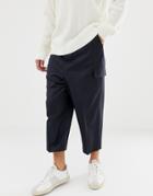 Asos Design Drop Crotch Tapered Smart Pants In Navy Wool With Cargo Pockets - Navy
