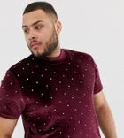 Asos Design Plus Longline T-shirt With Turtleneck In Velour With All Over Embellished Gems - Red