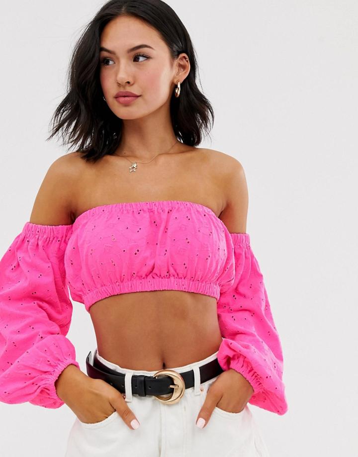 Asos Design Broidery Top With Off Shoulder In Neon Pink - Pink