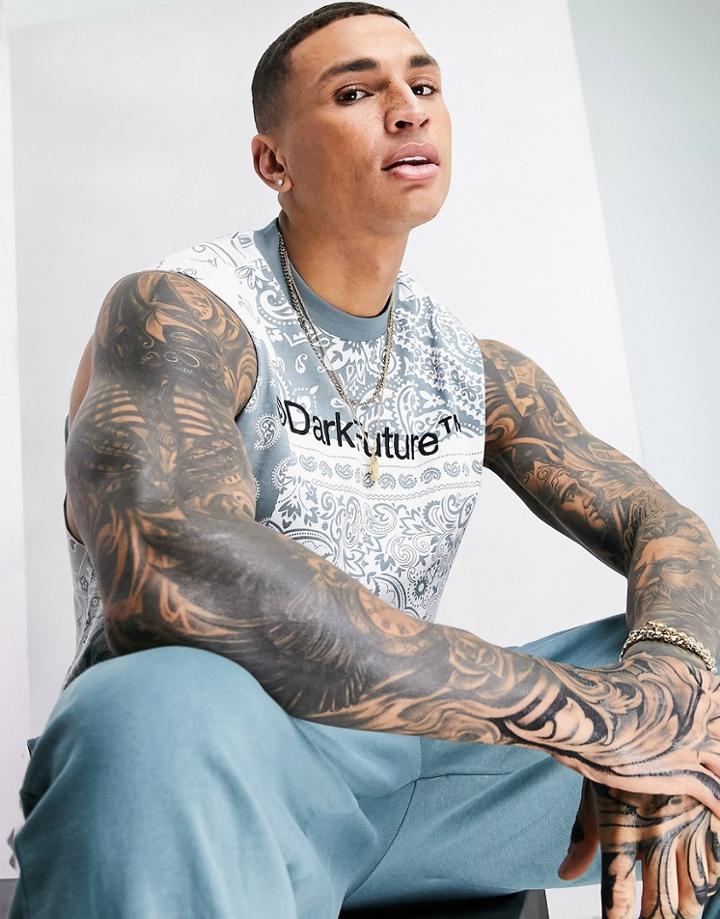 Asos Dark Future Set Relaxed Tank With All Over Paisley Print In Blue-blues