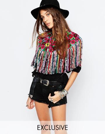 Hiptipico Handmade Fringed Cape With Ditsy Floral Embroidery - Multi