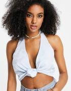 Asos Design Halter Tie Front Cami In Light Blue-multi