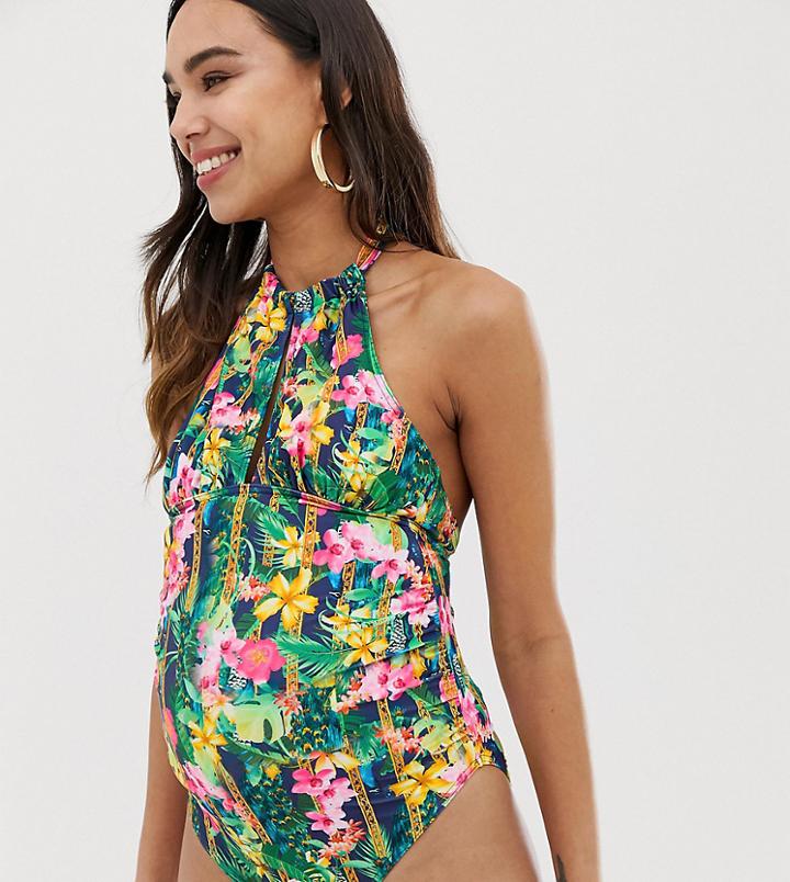 Asos Design Maternity Recycled Glam High Neck Swimsuit In Tropical Chain Print-multi