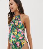 Asos Design Maternity Recycled Glam High Neck Swimsuit In Tropical Chain Print-multi