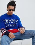 Tommy Jeans Oversize Color Block Hockey Logo Knit Sweater In Blue/burgundy - Blue