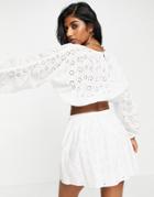 Topshop Broderie Long Sleeve Blouse In White - Part Of A Set