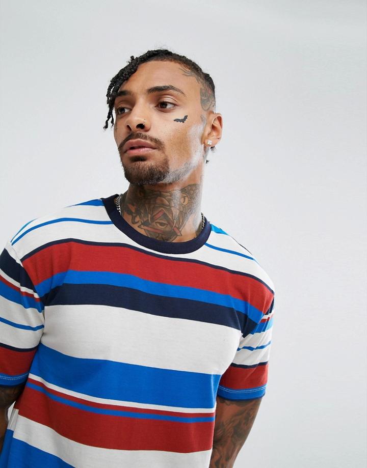 Bershka T-shirt With Stripes In Red And Blue - Blue