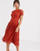 Asos Design Short Sleeve Prom Dress In Lace With Circle Trim Details-multi