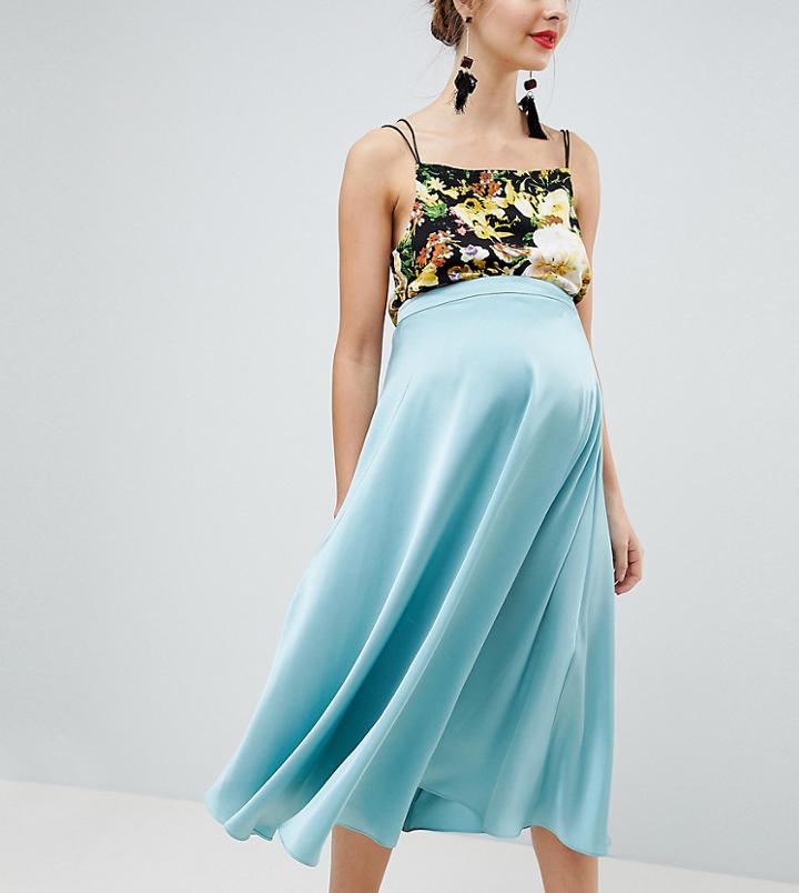 Asos Design Maternity Satin Midi Skirt With Side Split - Green