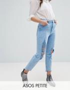 Asos Petite Farleigh High Waist Slim Mom Jeans In Fran Light Mottled Wash With Super Busts And Stepped Hem - Blue