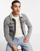 Asos Design Skinny Denim Western Gray Wash Jacket With Borg Collar-grey