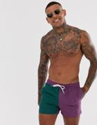 Asos Design Swim Shorts Purple And Khaki Cut And Sew Short Length-multi