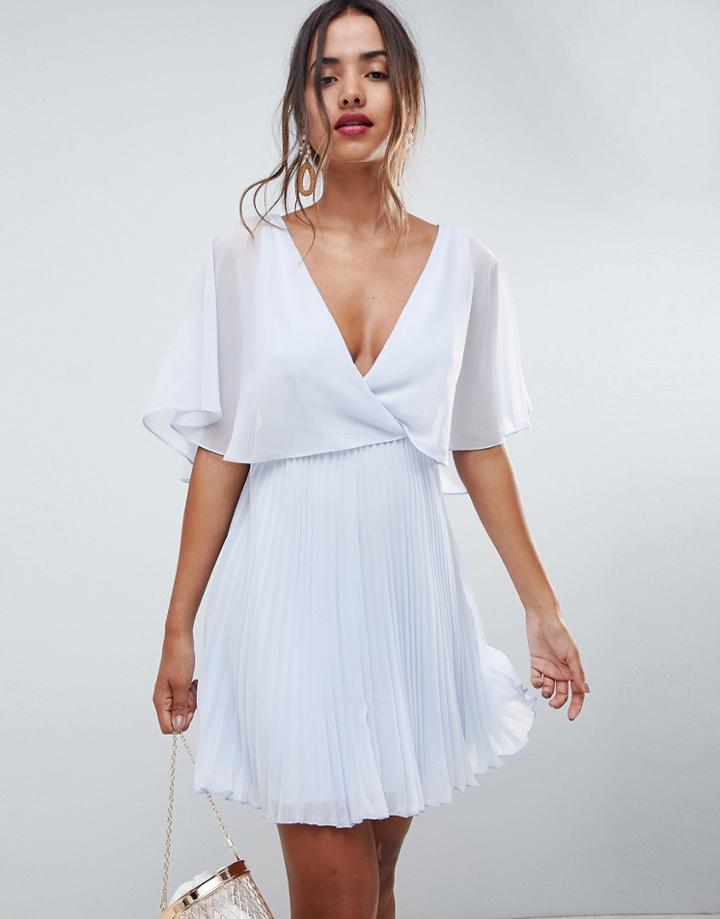 Asos Design Mini Dress With Pleat Skirt And Flutter Sleeve - Blue