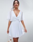 Asos Design Mini Dress With Pleat Skirt And Flutter Sleeve - Blue