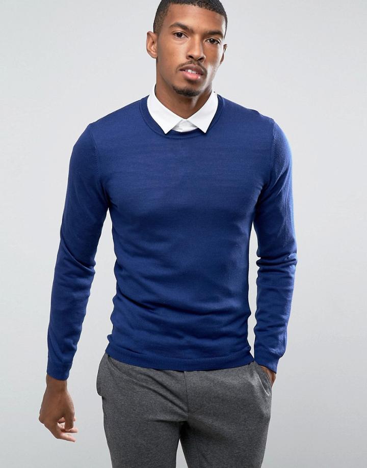 Asos Muscle Fit Merino Wool Sweater In Navy - Navy