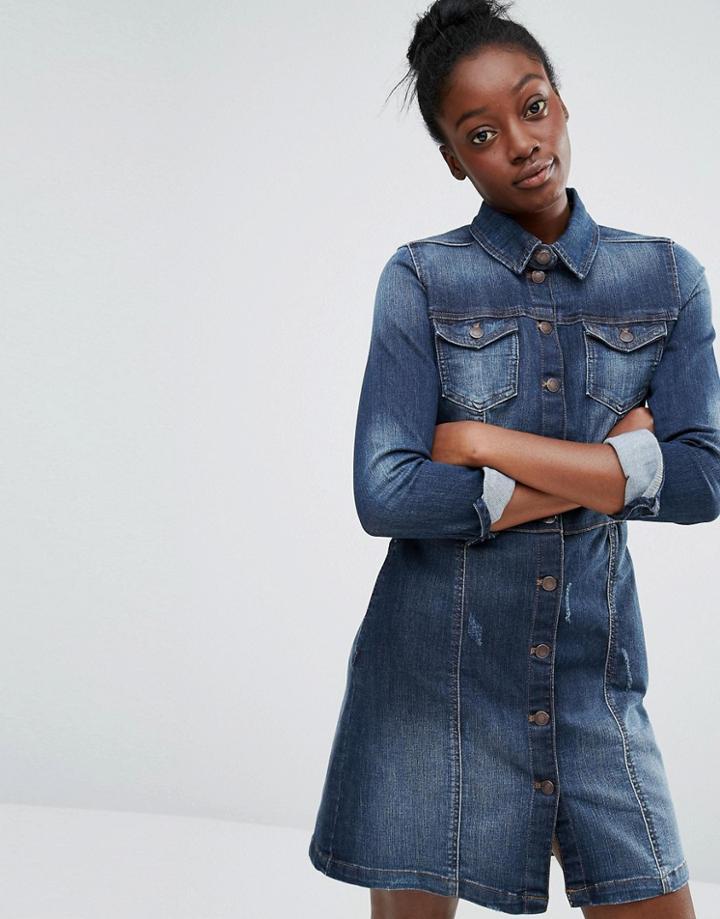 Only Button Front Denim Dress - Blue